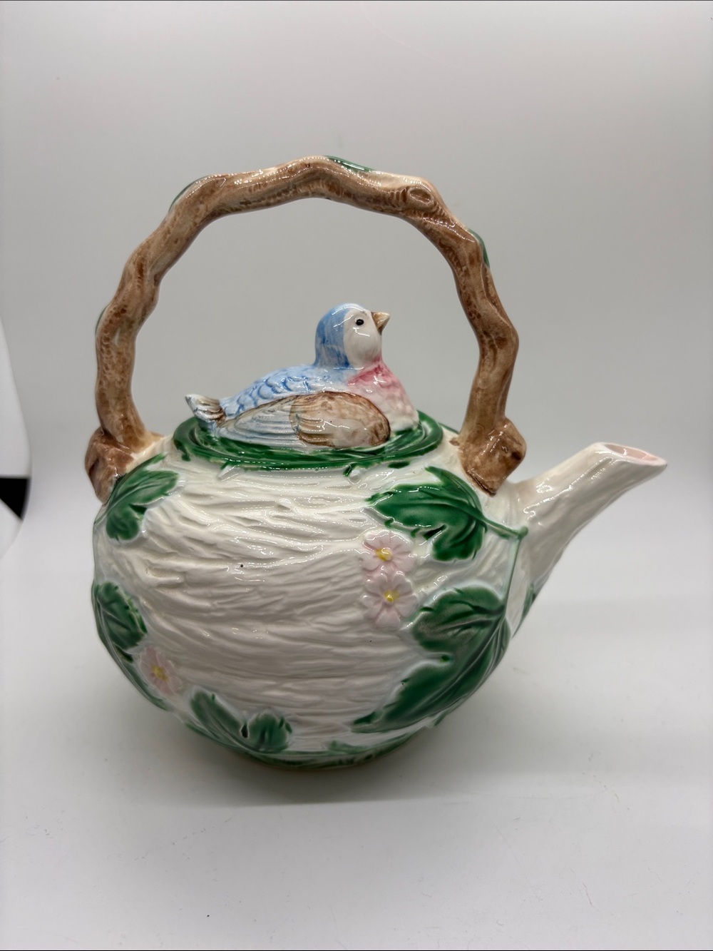 Galton Group Majolica Bird Nest Floral Teapot VTG